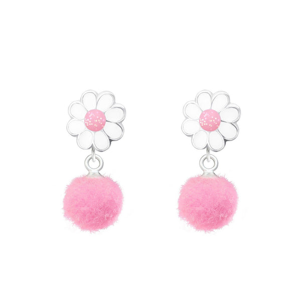 Flower Pompom Dangle Earrings
